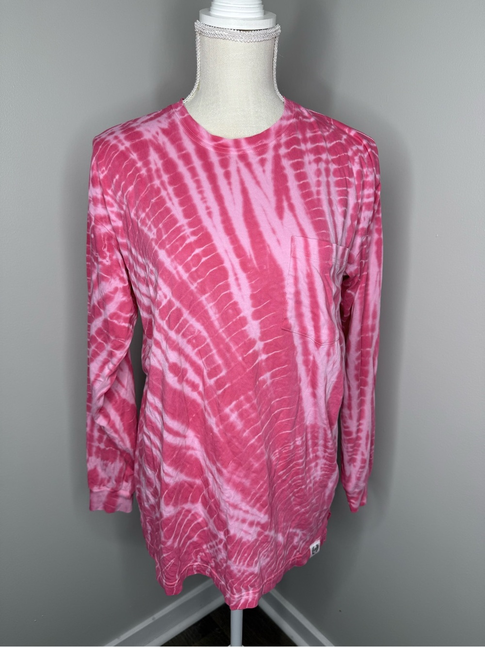 PINK Victoria's Secret Pink & White Tie-Dye Long Sleeve Pocket Tee